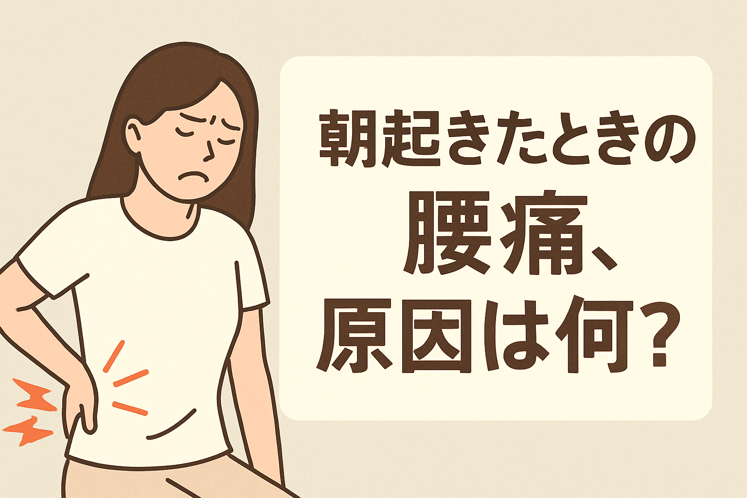 朝起きたときの腰痛に悩む女性を描いたイラスト、整体りびるど記事用アイキャッチ