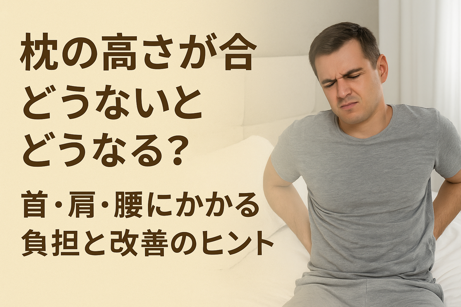 枕の高さが合わず首・肩・腰に負担を感じている男性のイメージ写真、改善のヒントを伝える記事用アイキャッチ