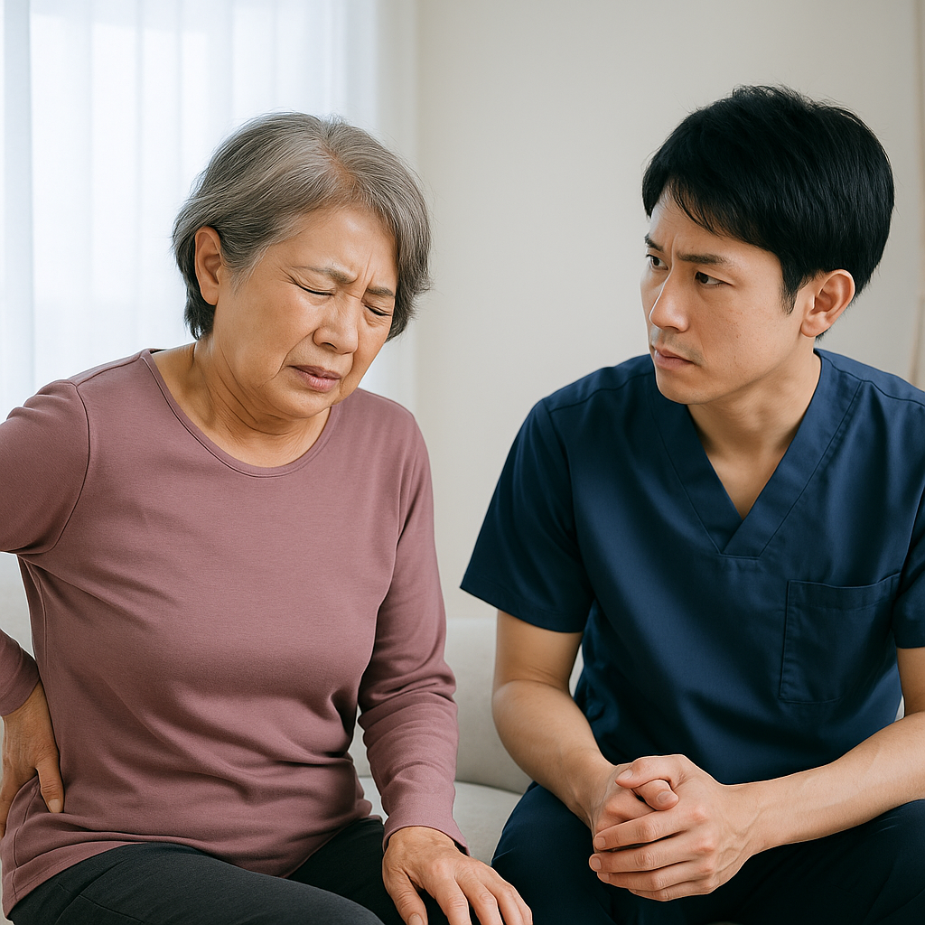 松本市・安曇野市で、脳卒中後の片麻痺を抱える高齢の日本人男性が、理学療法士とともに姿勢や歩行バランスのチェックを受けている様子。腰痛・膝痛の原因となる身体の偏りに対する専門的なサポートの場面