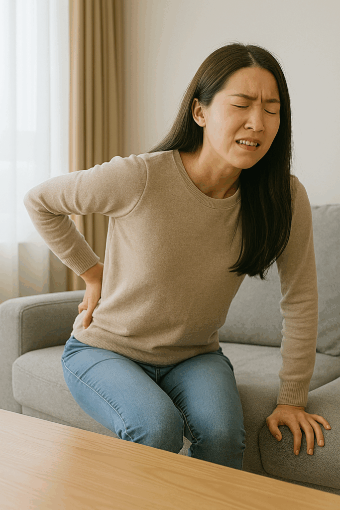 ソファから立ち上がる瞬間、腰を痛めた20代後半の日本人女性が、片手で腰を押さえながら苦しげな表情を浮かべている。カジュアルな服装で、背景は明るいリビング。