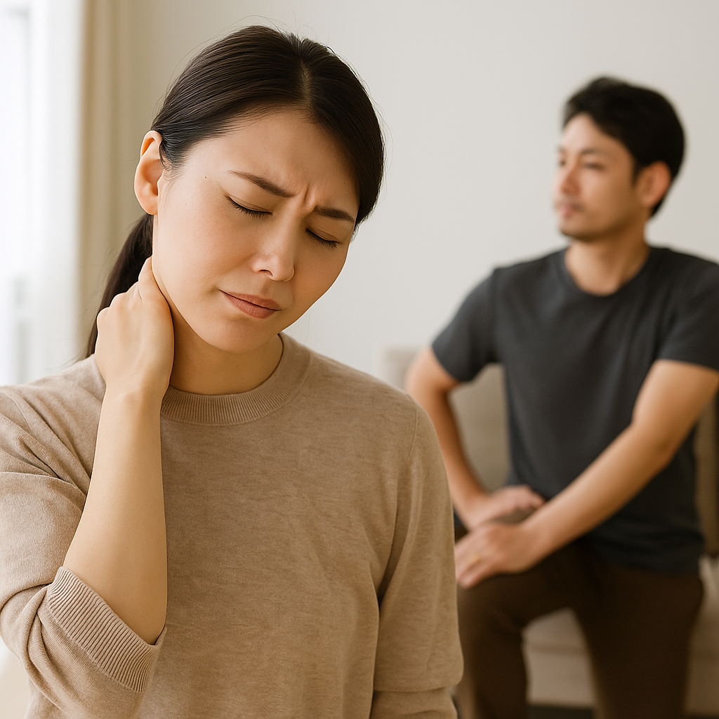 若いアジア人女性が施術ベッドの上で体幹をねじりながら、理学療法士と思われる男性が肩甲帯と骨盤を丁寧に調整している様子を写した写真。身体の不調が「動きのクセ」によって引き起こされていることを象徴する構図。室内は清潔感のある白を基調とした空間。