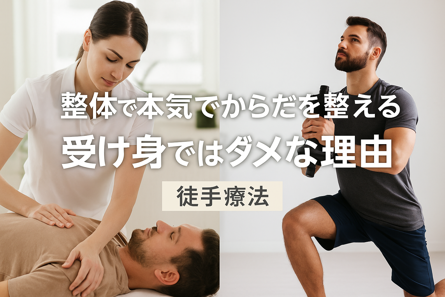 徒手療法を行う女性セラピストと、ダンベルを持ってスクワットする男性の写真を左右に並べた構成。「整体で本気でからだを整える 受け身ではダメな理由」という日本語キャッチコピーと「徒手療法」のラベルが中央に重ねられている。信頼感と行動を促すビジュアル。