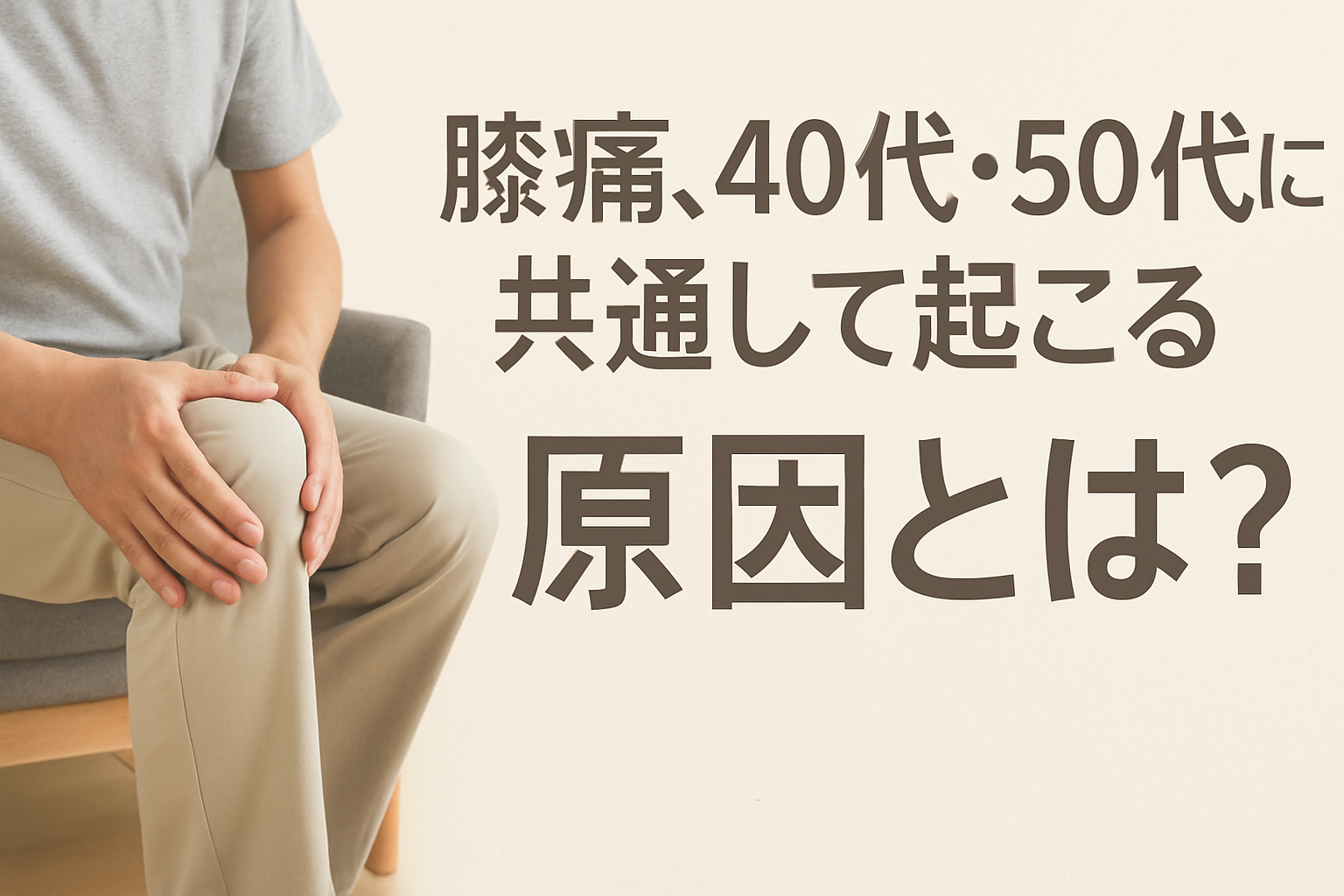 椅子に座って膝に手を添える中年男性の写真と、「膝痛、40代・50代に共通して起こる 原因とは？」という日本語の見出しが添えられた情報グラフィック画像。背景は柔らかいベージュ色で落ち着いた印象。