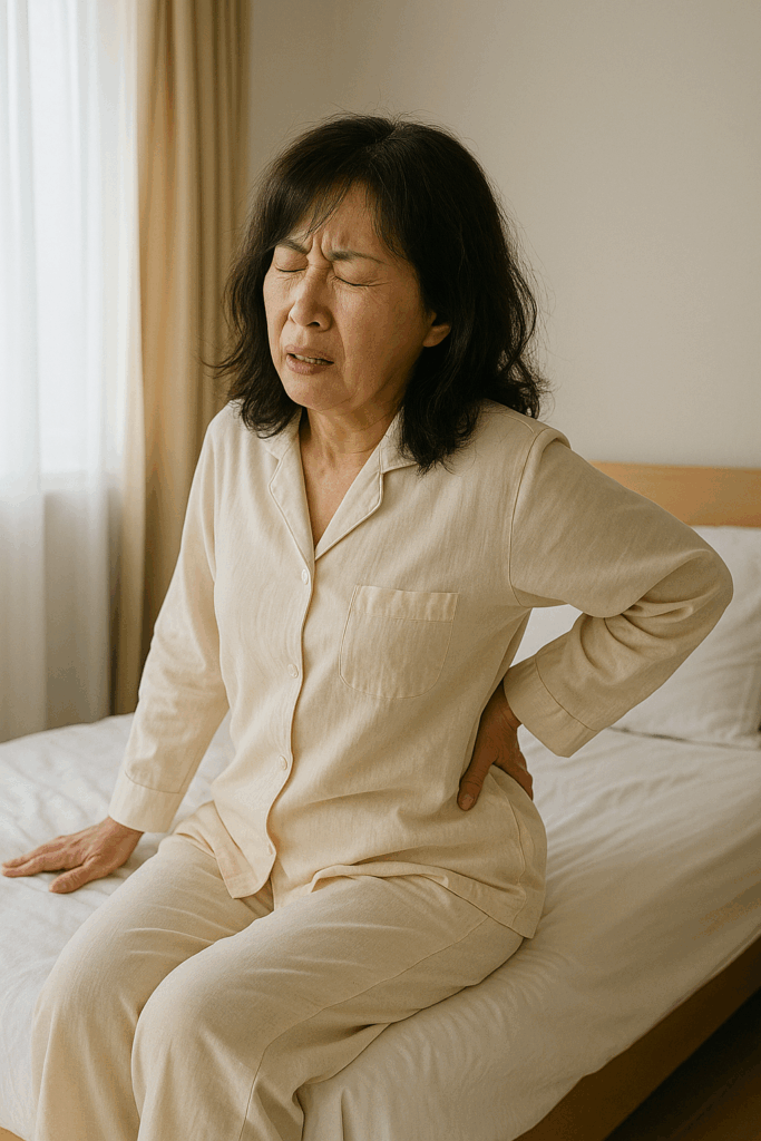 ベッドの縁に腰掛けた50代の日本人女性が、身体を起こした直後に腰を押さえて顔をゆがめている様子。柔らかな自然光が差し込む寝室で、パジャマ姿。
