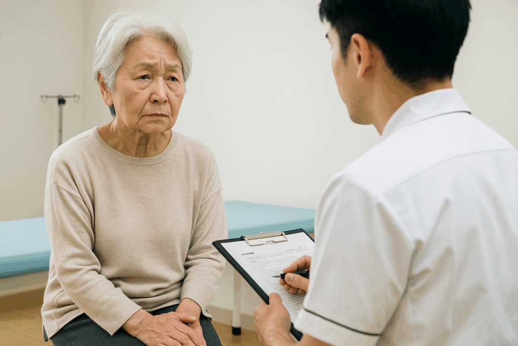 病院のベッドに座り、物思いにふける高齢の日本人女性