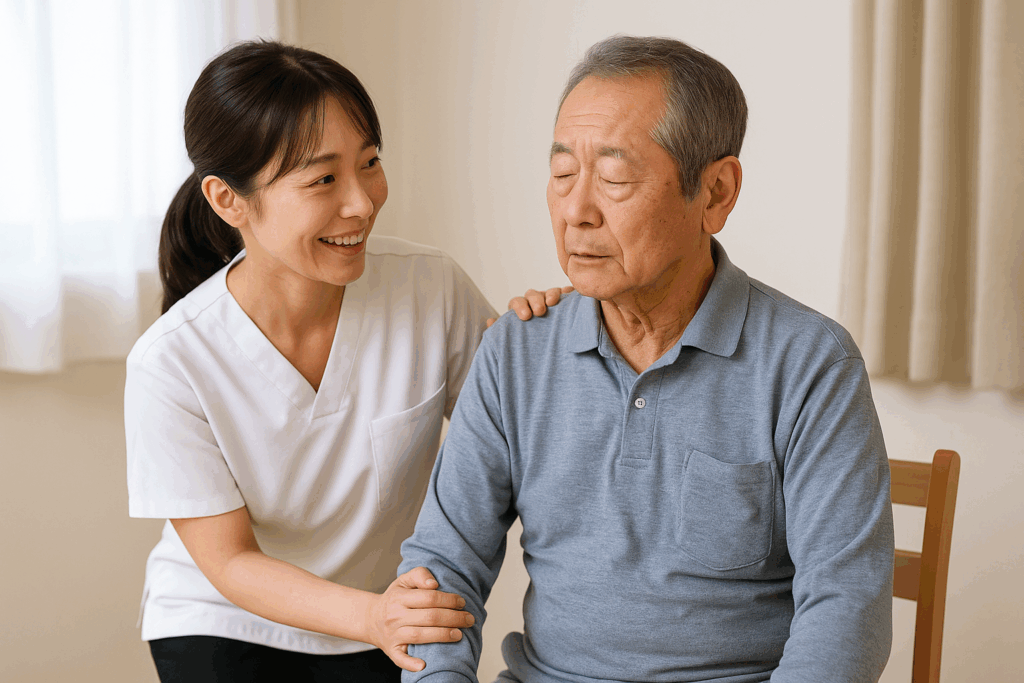 松本市・安曇野市で片麻痺の後遺症に悩む中年の日本人女性が、整体施術後に椅子から立ち上がり動作を行う様子。足裏感覚や身体の支え方の改善に取り組む日常の一場面