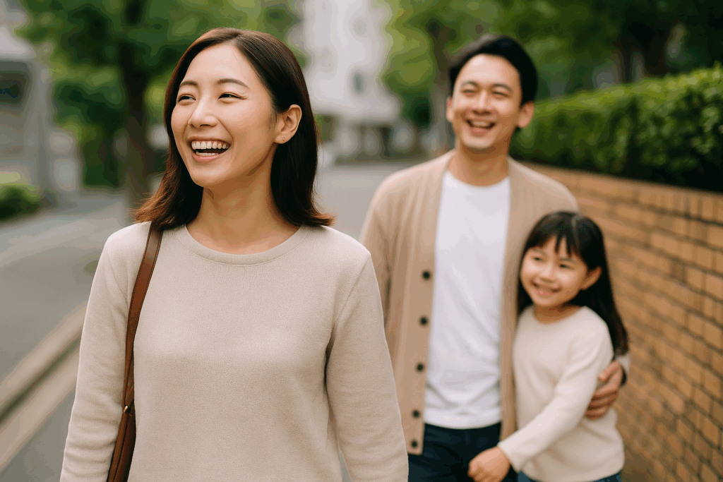 施術後に笑顔で歩く女性と、その後ろを穏やかに歩く家族の様子