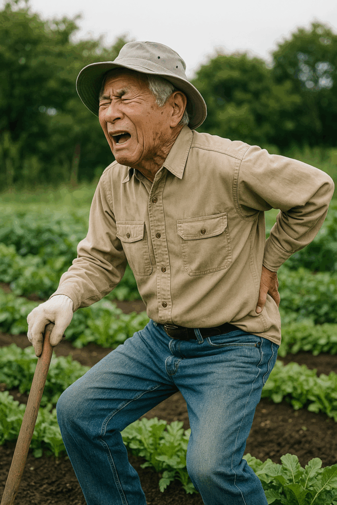 畑で作業中の70代の日本人男性が、一息ついた際に腰を押さえながら痛みに耐える表情を見せている。農作業用の帽子と長袖シャツ姿。背景には青々とした畑が広がる。