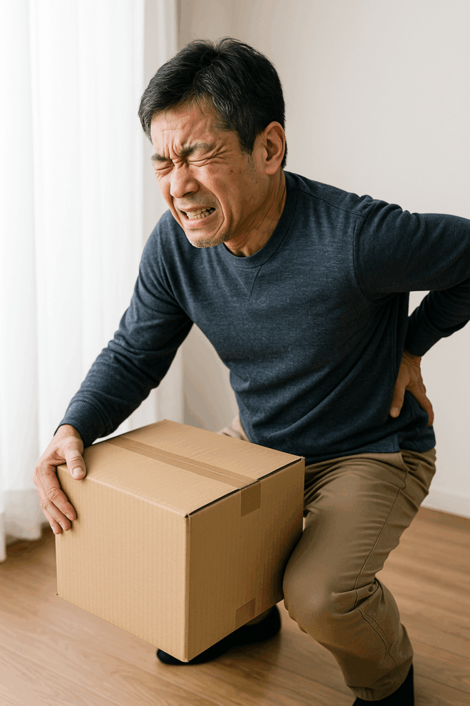 45歳の日本人男性が室内で段ボール箱を持ち上げようとした瞬間、腰に痛みを感じて顔をしかめている様子。膝を曲げた中腰姿勢で腰に手を当てている。