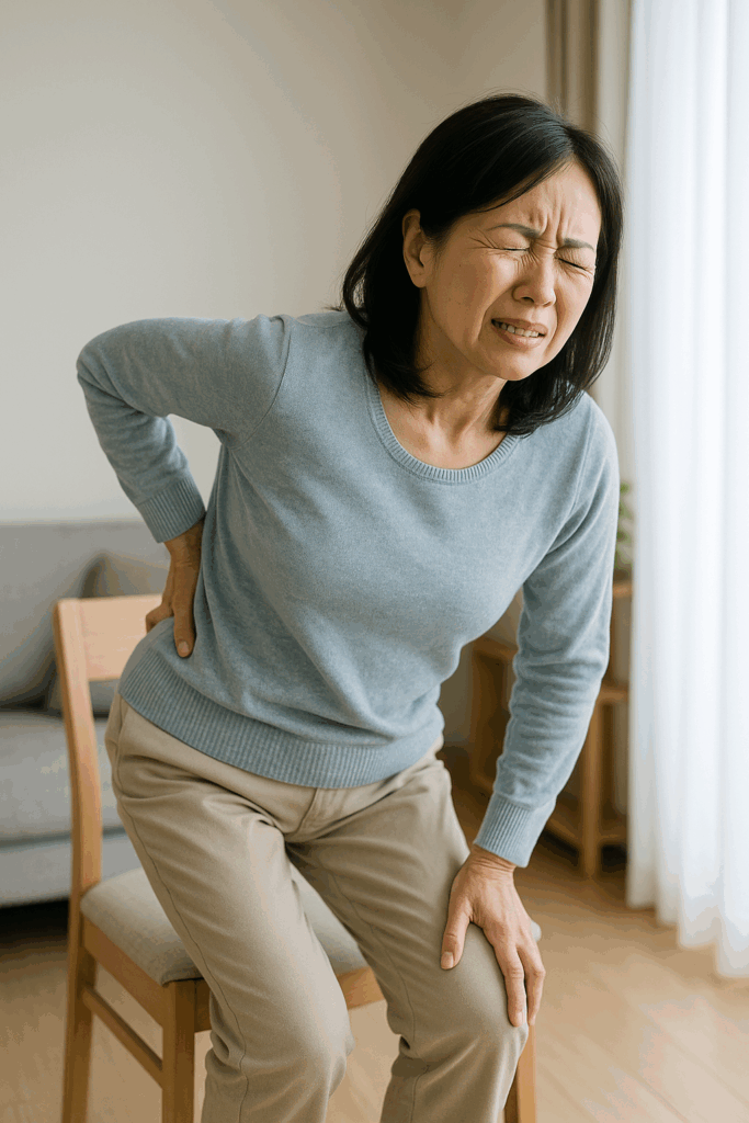 椅子から立ち上がる瞬間に座骨神経痛のしびれが出現し、腰を押さえて苦痛の表情を浮かべる40代日本人女性の写真。腰痛や坐骨神経痛の症状に悩む日常の一コマをリアルに捉えた室内シーン。