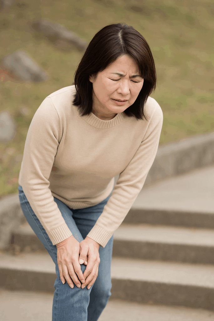 階段の前で膝の痛みに耐えて両手を膝に当てる中年の日本人女性の写真