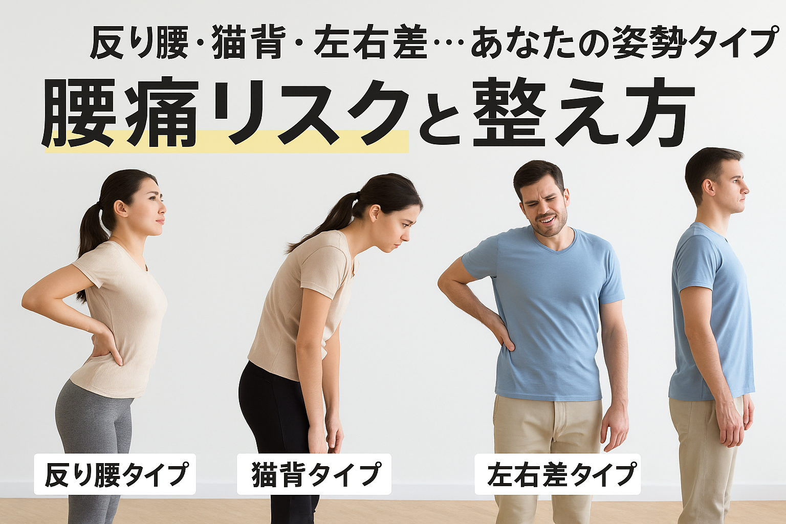 反り腰・猫背・左右差の姿勢タイプを意識しながら、自分の姿勢バランスを確認している中高年の日本人女性。腰痛リスクを見直す姿勢改善のイメージ写真。