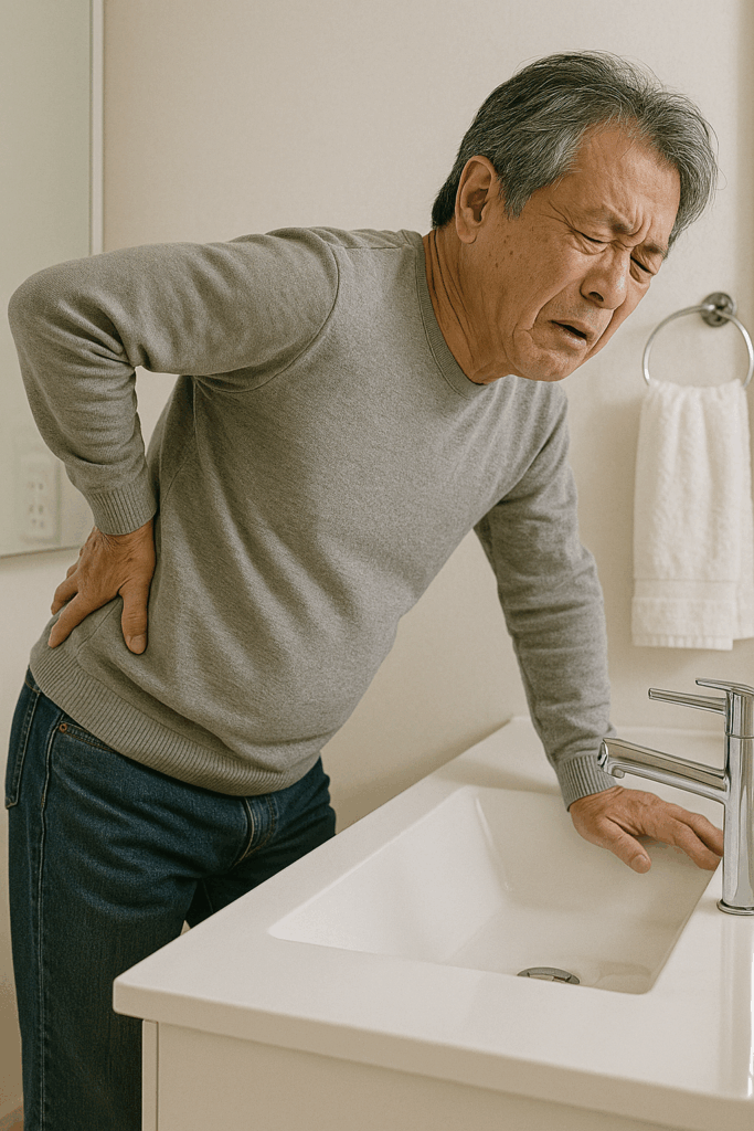 洗面所のシンクに手をついて前屈みになった60代の日本人男性が、腰を押さえながら痛みで顔をゆがめている。グレーのセーターとジーンズ姿、背景には白いタオルが掛かっている。