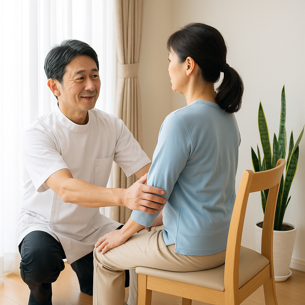 高齢の日本人女性が理学療法士とともに屋内で歩行練習を行っている様子。穏やかな表情でサポートを受けながら、安心して一歩を踏み出している。