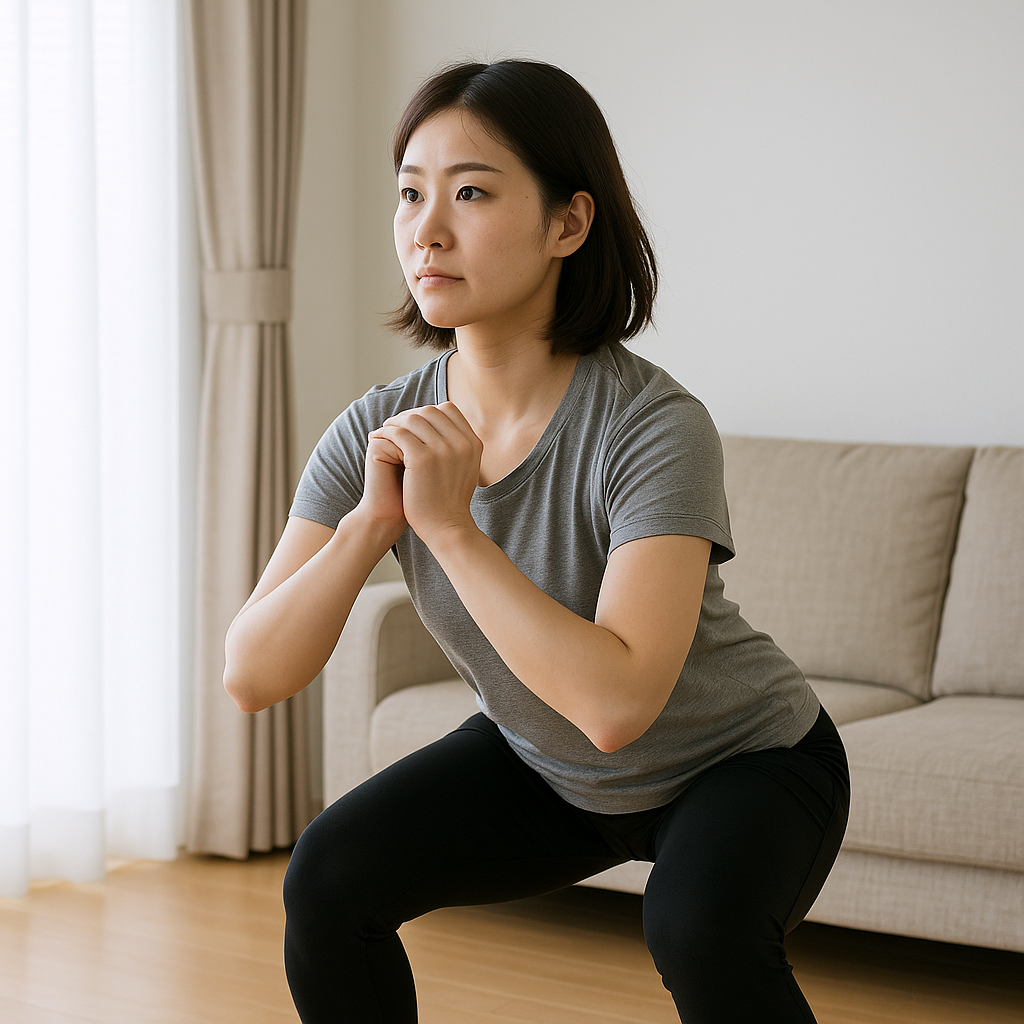自宅の室内でスクワットをしている若い日本人女性の写真。股関節の使い方を意識している様子。