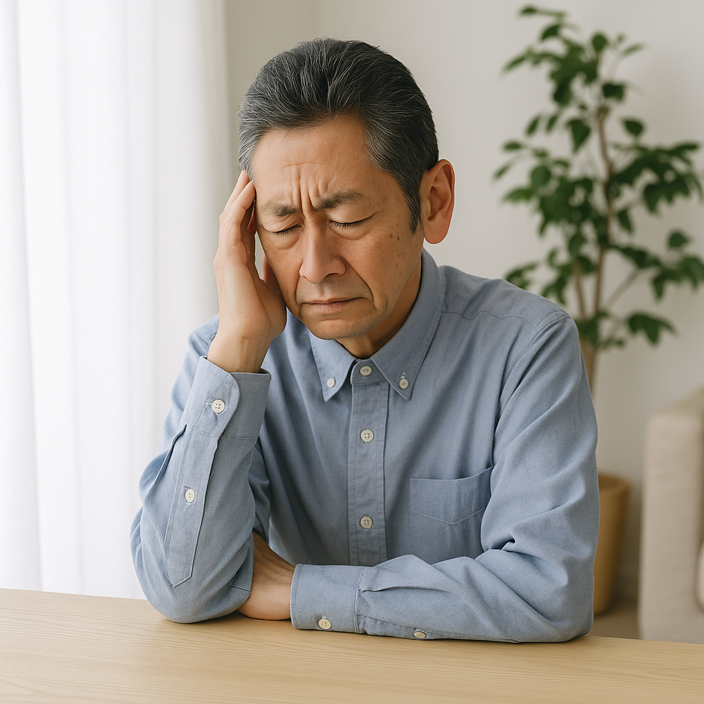 松本市・安曇野市で片麻痺の後遺症に悩む高齢の日本人男性が、姿勢の偏りに注意を払いながら慎重に立ち上がろうとしている様子。非麻痺側の使いすぎによる身体のゆがみや負担に対するリハビリ・整体支援の一場面