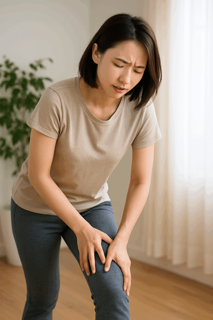 片膝に手を当てながら立ち止まり、膝のねじれや違和感を確認する若い日本人女性の写真