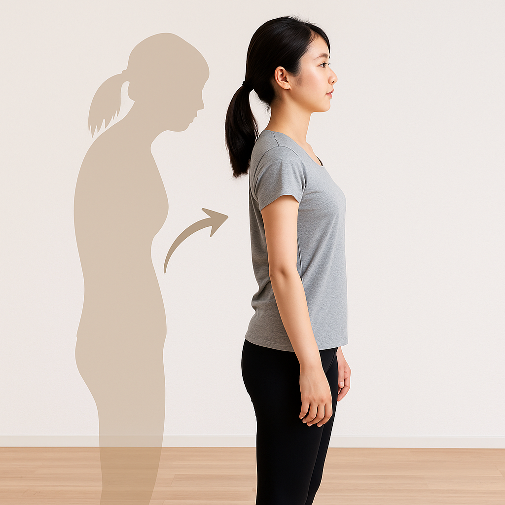 姿勢評価を受ける東アジア系の女性と、身体の動き方を確認する理学療法士。腰ではなく身体全体のバランスに着目した姿勢の整え方をイメージした写真。